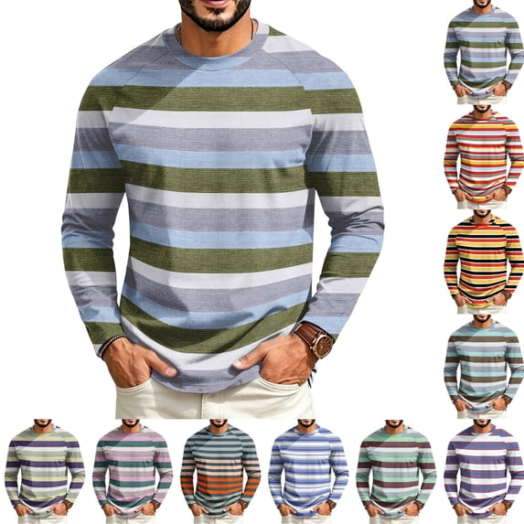 GrmtClth Shirts for Men Retro Multi Color Stripe Raglan Sleeve Long Sleeve Crew Neck Lightweight Street Casual Pullover Tees Light Gray 2XL