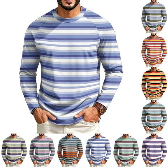 GrmtClth Shirts for Men Retro Multi Color Stripe Raglan Sleeve Long Sleeve Crew Neck Lightweight Street Casual Pullover Tees Purple 2XL