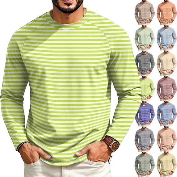 GrmtClth Shirts for Men Retro Striped Long Sleeve Crew Neck Pullover Lightweight All Season Daily Casual Shirts Mint Green 4XL