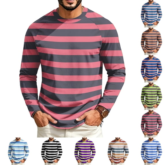 GrmtClth Shirts for Men Soft Breathable Striped Raglan Long Sleeve Crewneck Pullover Relaxed Fit Street Leisure Fashion Tops Pink 4XL