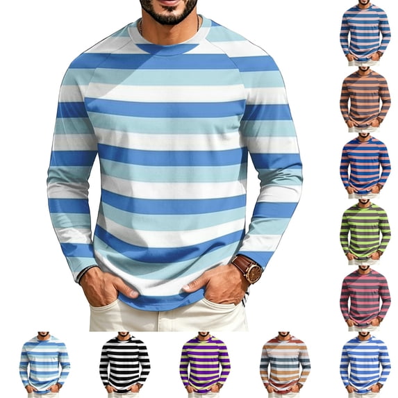 GrmtClth Shirts for Men Soft Breathable Striped Raglan Long Sleeve Crewneck Pullover Relaxed Fit Street Leisure Fashion Tops Sky Blue 4XL