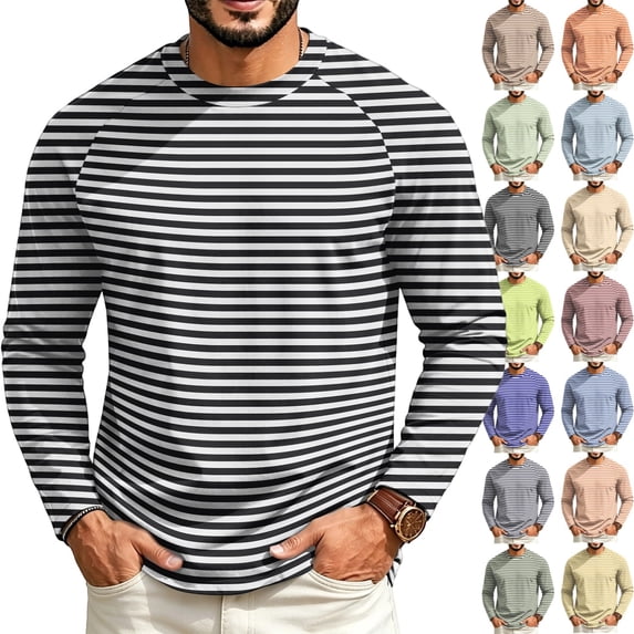 GrmtClth Shirts for Men Soft Striped Raglan Long Sleeve Crewneck Pullover Retro Autumn Leisure Walking Shirts Black XL