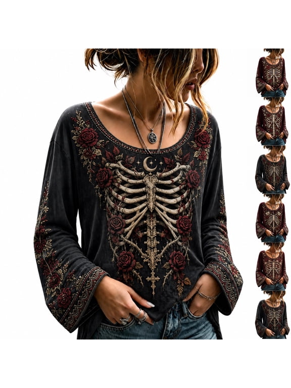 Skull Halloween Shirts for Women Crew Neck Long Bell Sleeve Skeleton Tee Bell Bottom Sleeve Crew Neck Tops Spooky Skull Floral Graphic Gothic Shirts XL