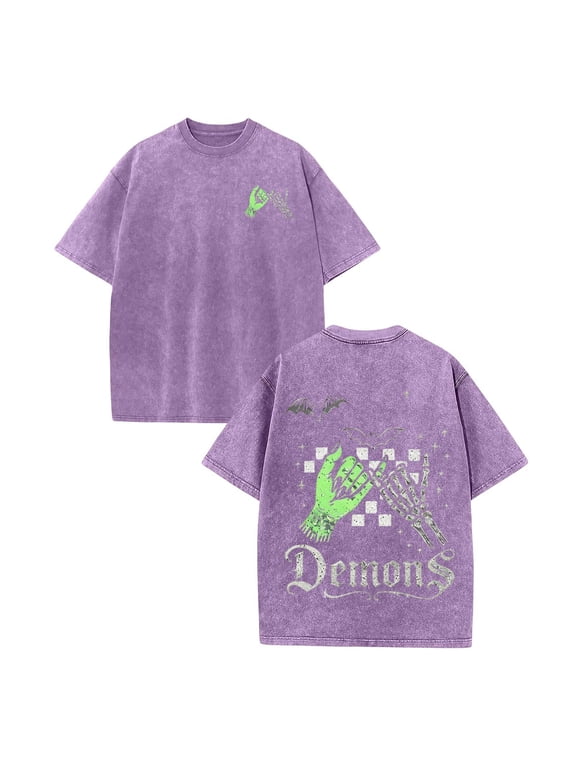 Soft Vintage Acid Wash Loose Tee Men Demons Skeleton Clasp Hands Bat Print Breathable Halloween Crew Neck Short Sleeve Shirt Purple 4XL