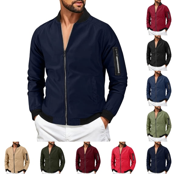 GrmtClth Sportswear Jacket Men Slim Fit Full Zip Bomber Coat Contrast Ribbed Hem Spring Fall Streetwear Casual Outerwear Navy XS