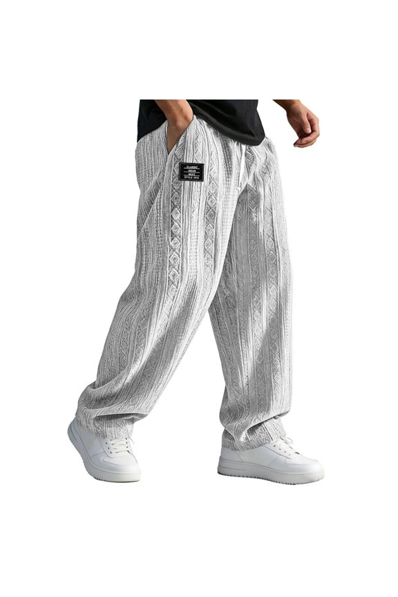 Summer Beach Baggy Pants Jacquard Texture Design Embroidered Trousers Lightweight Breathable Vacation Leisure Wear White L