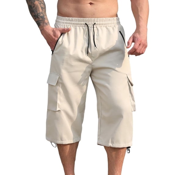 GrmtClth Summer Mens 3/4 Length Utility Cargo Shorts Anti Lost Zipper Side Pockets Loose Breathable Cutting Elastic Waist Outside Camping Travelling Casual Bottoms Khaki S
