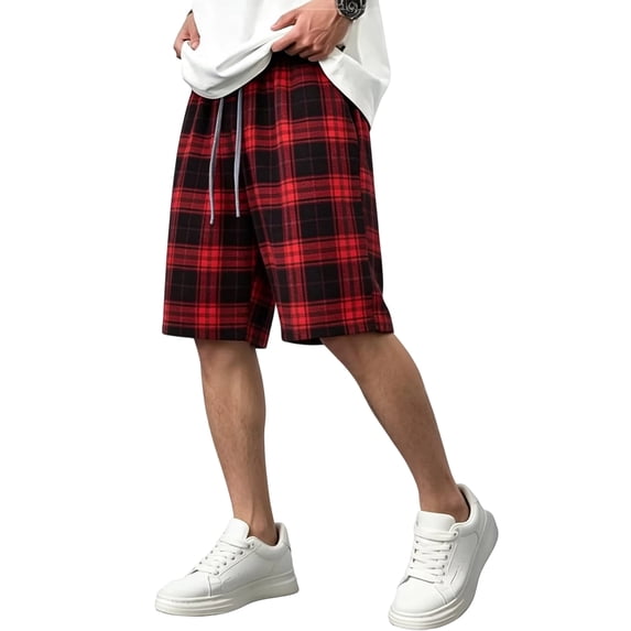 GrmtClth Summer Mens Loose Fit Plaid Shorts Timeless Grid Pattern Layout Breathable Casual Style Elastic Waistband Holiday Travelling Beach Leisure Outfit Red M
