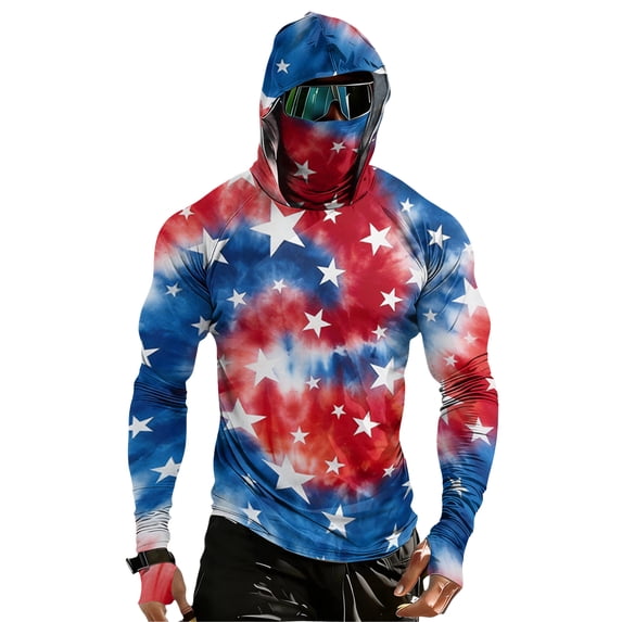GrmtClth Sun Protection Shirts for Men Long Sleeve UPF 50+ 250th Anniversary American Flag Hooded Fishing Hiking 4th July Sun Shirts Lightweight Rash Guard with Face Mask Deep Red XL