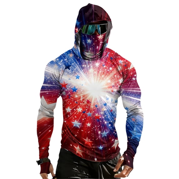 GrmtClth Sun Protection Shirts for Men Long Sleeve UPF 50+ 250th Anniversary Usa Flag Hooded Fishing Hiking 4th July Sun Shirt Lightweight Rash Guard with Face Mask Hot Pink XL