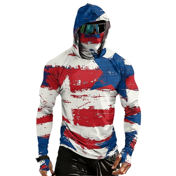 GrmtClth Sun Protection Shirts for Men Long Sleeve UPF 50+ Fishing Hiking 1776-2026 Patriotic Hoodie 4th July Sun Shirts Lightweight Rash Guard with Mask Royal Blue 2XL