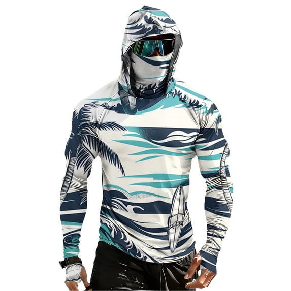 GrmtClth Sun Shirts for Men with Hood Long Sleeve Sun Protection Shirt Fishing Hiking Swimming Running Camo Rash Guard Lightweight Moisture Wicking Shirts SPF UV Hoodie with Face Mask Dark Blue 4XL