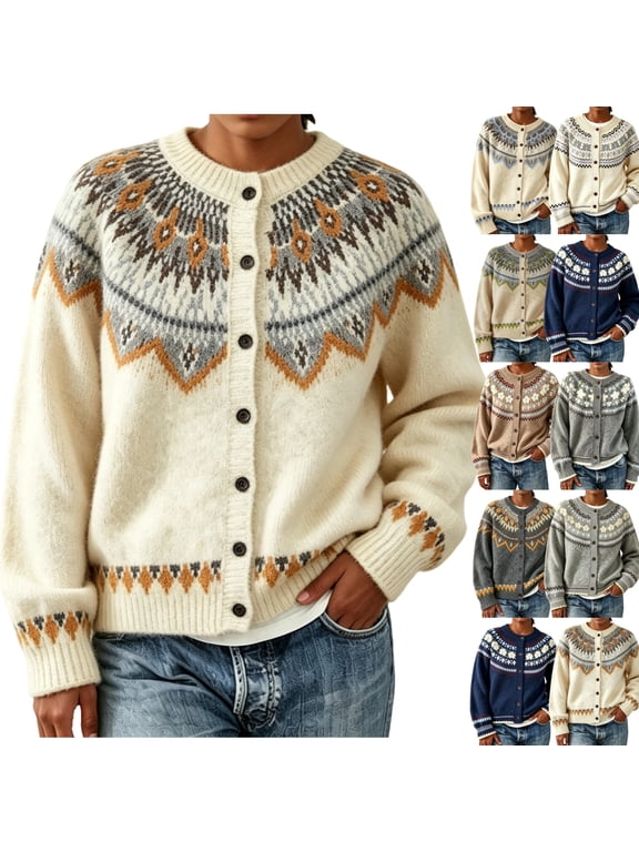 Sweater for Women Cardigan Winter Ethnic Vintage Argyle Knit Outwear Colorful Boho Icelandic Jumpers Coat 2XL