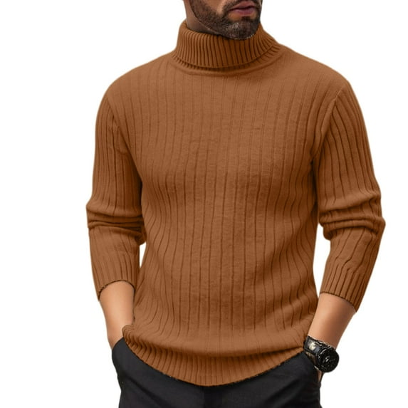 GrmtClth Sweaters for Men Casual Turtleneck Pullover Solid Ribbed Knit Thermal Sweater 2025 Fall Winter Long Sleeve Sweaters Brown M