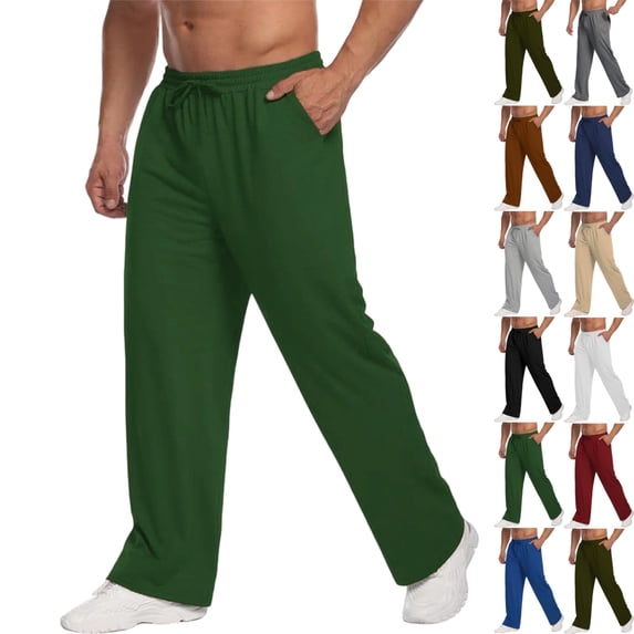 GrmtClth Sweatpants Straight Leg Open Bottom For Men Elastic Drawstring Waist Soft Fabric Side Pockets Everyday Casual Loungewear Pants Dark Green S