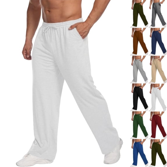GrmtClth Sweatpants Straight Leg Open Bottom For Men Elastic Drawstring Waist Soft Fabric Side Pockets Everyday Casual Loungewear Pants White S