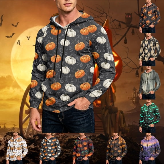 GrmtClth Sweatshirt Halloween Daily Matching Pumpkin Ghost Bat Witch Hooded Drawstring Tops for Men Fall Winter Saffron XL