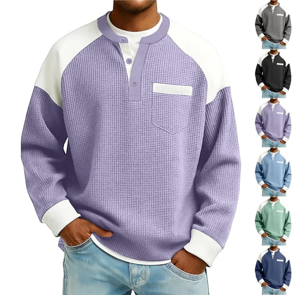 GrmtClth Sweatshirt Waffle Henley Color Block Long Sleeve Pullover Tops Mens Light Daily Streetwear Outfit Purple XL