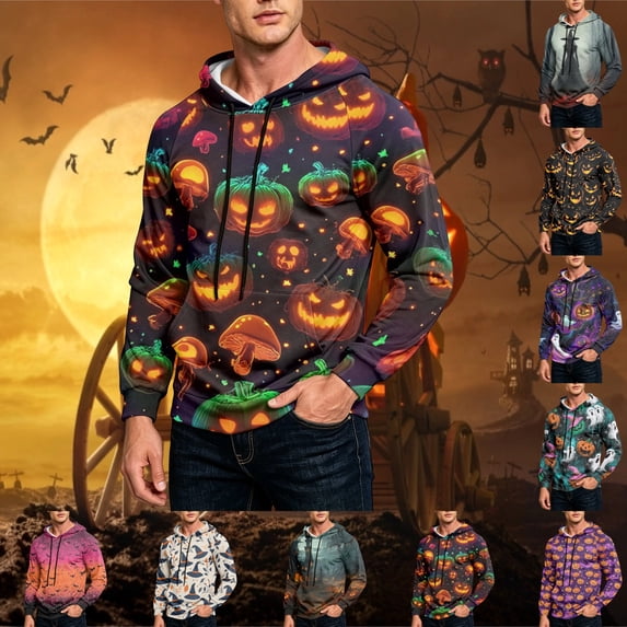 GrmtClth Sweatshirts for Men Halloween Dark Base Pumpkin Ghost Bat Witch Print Daily Streetwear Hooded Sweatshirt Multicolor S