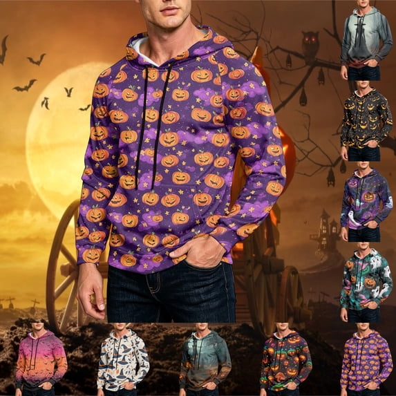 GrmtClth Sweatshirts for Men Halloween Dark Base Pumpkin Ghost Bat Witch Print Daily Streetwear Hooded Sweatshirt Purple S