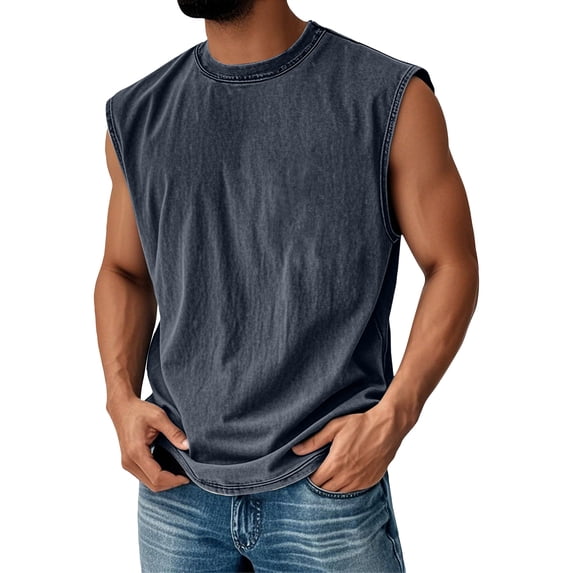 GrmtClth Tank Tops Men Sleeveless Cut Off Muscle Shirt Workout Gym Running Acid Wash Cotton Tanks Tees Vintage Distressed Casual Heavyweight Pullover Navy 4XL