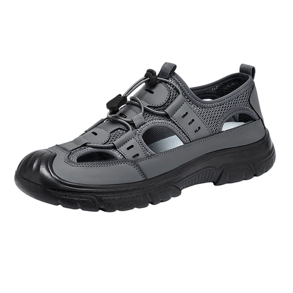 GrmtClth Thick Sole Closed Toe Sandals for Men Wear Resistant Leather Mesh Breathable Adjustable Quick Lace Outdoor Trekking Sandals Gray (US/10.5)