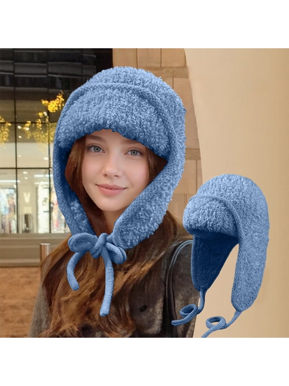 Trapper Hats for Women Fashion Earflap Hat Skiing Cap Soft Comfy Knitted Beanie Hat for Cold Weather Blue