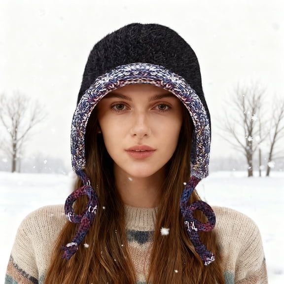 GrmtClth Trapper Hats for Women Slouchy Earflap Hat Beanie Hat Soft Comfy Knitted Skiing Cap for Cold Weather Black