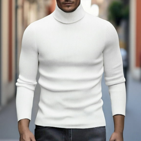 GrmtClth Turtleneck Men Slim Fit Long Sleeve Sweater Ribbed Warm Pullover Tops 2025 Fall Comfy Sweaters White XXL