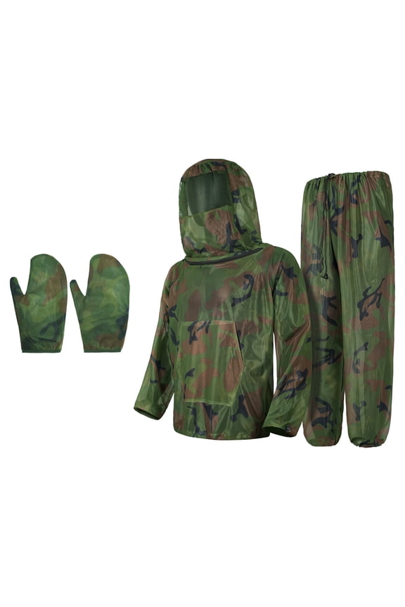 Two Piece Realtree Camouflage Mesh Insect Barrier Set Full Face Cover Hooded Shirt Loose Trousers Complete Matching Mesh Gloves For Woodland Hunting Trips Dark Green M