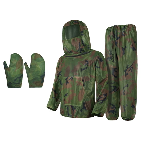 GrmtClth Two Piece Realtree Camouflage Mesh Insect Barrier Set Full Face Cover Hooded Shirt Loose Trousers Complete Matching Mesh Gloves For Woodland Hunting Trips Dark Green M