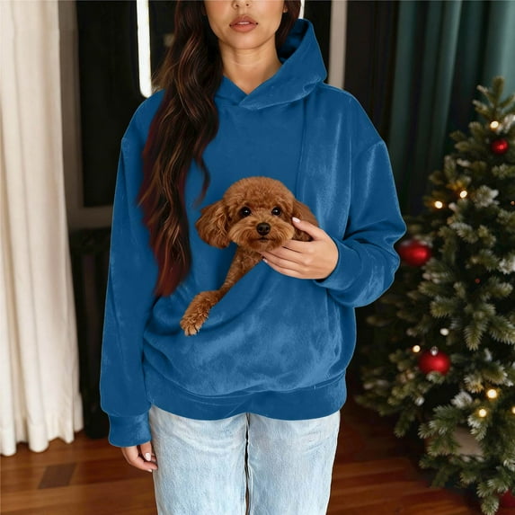 GrmtClth Unisex Cat Pouch Hoodie Fuzzy Sharpa Large Pet Pouch Kitten Puppy Holder Fashion Soft Comfy Carrier Pullover Shirt with Pet Pocket Blue L