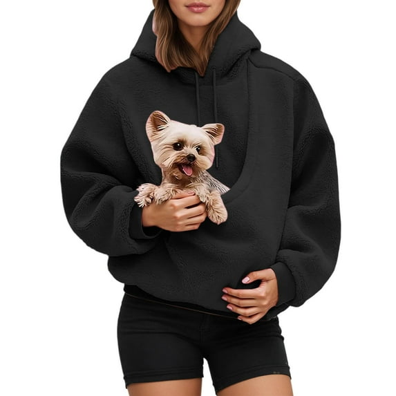 GrmtClth Unisex Dog Pouch Hoodie Fuzzy Fleece Large Pet Pouch Puppy Kitten Holder Casual Comfort Soft Carrier Pullover Shirt with Pet Pocket Black M