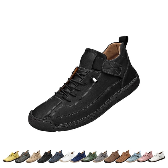 GrmtClth Unisex Handmade Leather Shoes Trendy Multi‑Tone Leather Sneakers Elastic Shoelace Design Stitched Border Leisure Trainers