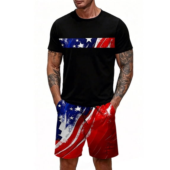 GrmtClth Usa Flag 2 Piece Outfits for Men Independence Day 4th Of July Tee and Shorts Set Breathable Short Sleeve Outfit Comfy Elastic Drawstring Clothes Vermilion M