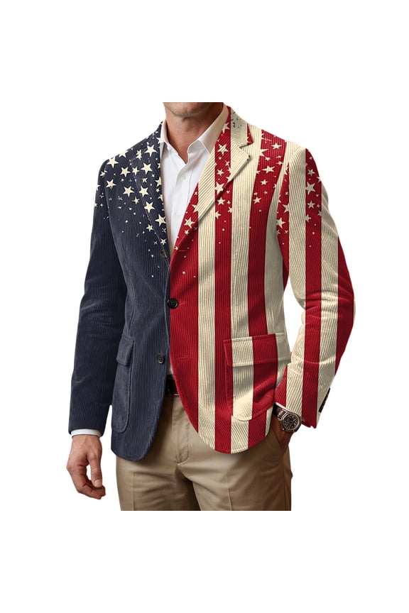 Usa Flag Print Blazer for Men Patriotic 1776-2026 Lightweight Suit Jacket Corduroy Fashion Coats Button Long Sleeve Clothing Red M