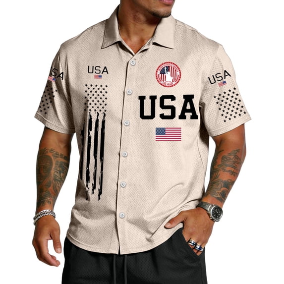 GrmtClth Usa Flag Print Shirts for Men Independence Day 4th Of July Top Relaxed Fit Button Down Tee Trendy Short Sleeves Collared Clothes Khaki M