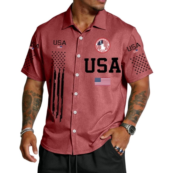 GrmtClth Usa Flag Print Shirts for Men Patriotic 4th Of July Tops Classic Button Down Tee Soft Short Sleeves Collared Clothing Wine M