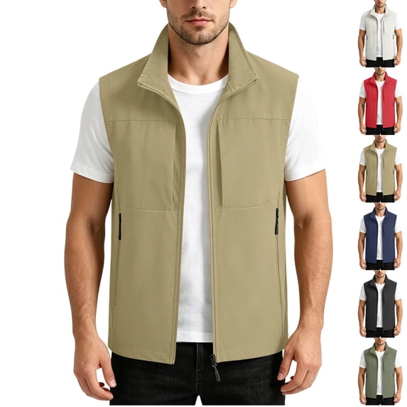 GrmtClth Vest for Men Casual Stand Collar Sleeveless Gilet Zip Closure Multi Storage Pockets Lightweight Travel Waistcoat Khaki M