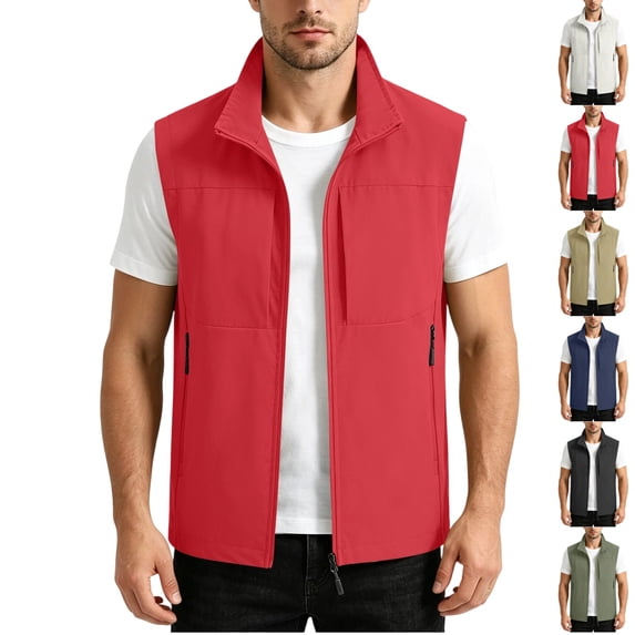 GrmtClth Vest for Men Lightweight Casual Sleeveless Gilet Stand Collar Multiple Storage Pockets Zip Up Outdoor Daily Wear Red S