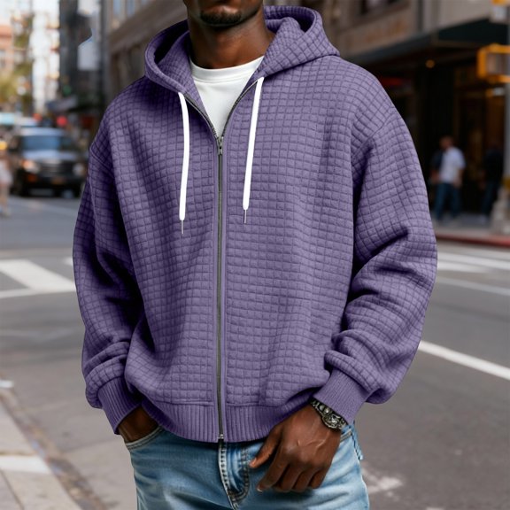 GrmtClth Waffle Hoodies for Men Loose Fit Full Zip Sweatshirt with Hood Soft Comfy Long Sleeve Fall Pullover Sweater with Pockets Purple 5XL