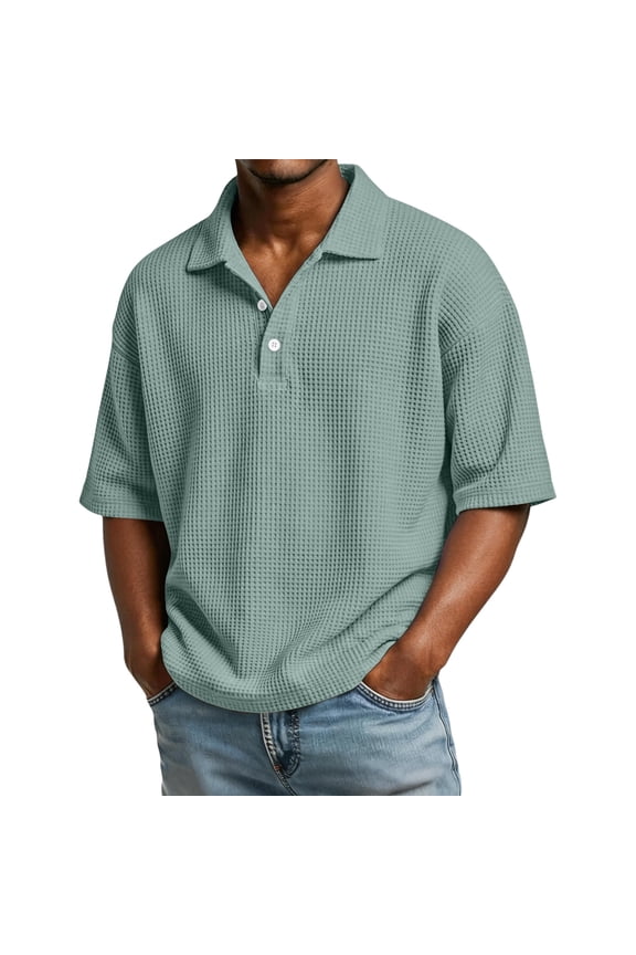 Waffle Knit Polo Shirt for Men Oversized Short Sleeve Tops Basic Collared T-Shirt Loose Fit Tee Solid Mint Green 3XL