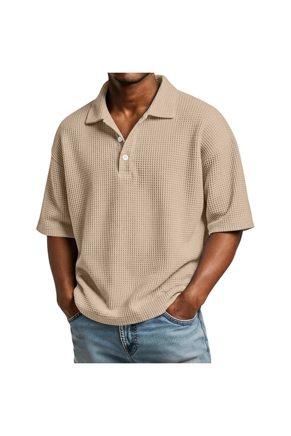 Waffle Knit Polo Shirts for Men Lightweight Short Sleeve Tops Athletic Collared T-Shirt Loose Fit Tee Solid Khaki 2XL