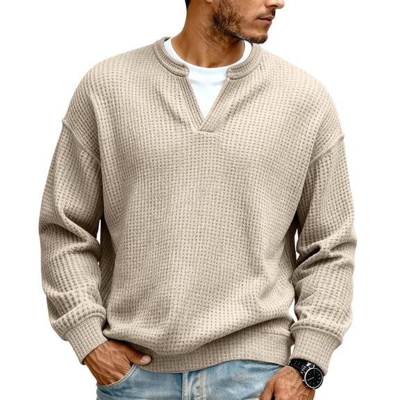 GrmtClth Waffle Knit Tops for Men Trendy Waffle Knitted Long Sleeve T-Shirts V Neck Soft Comfy Knit Tops Khaki XL
