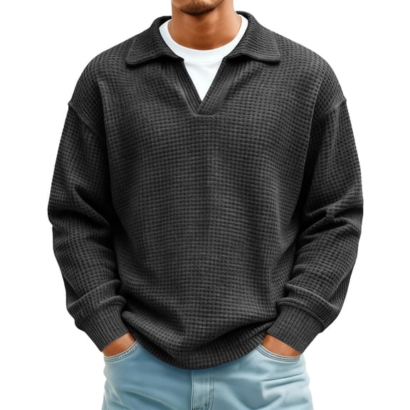 GrmtClth Waffle Shirts for Men Classic Waffle Knitted Long Sleeve Tee Shirts V Neck Comfy Soft Sweatshirts Black 2XL