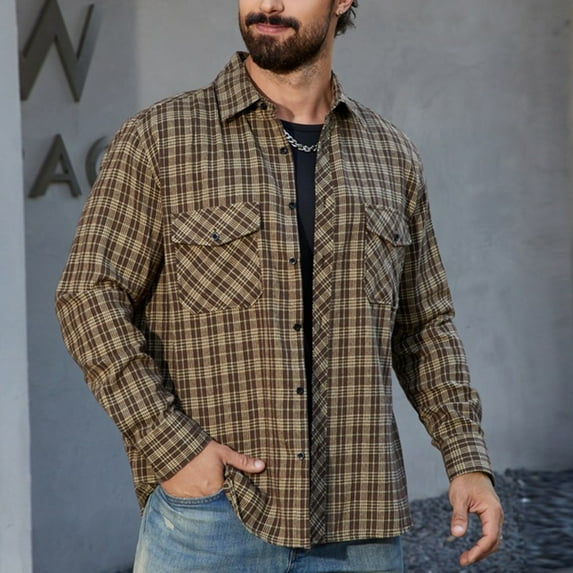 GrmtClth Western Shirts for Men Casual Pearl Snap Plaid Shirts Regular Fit Long Sleeve Cowboy Shirts Soft Work Shirts with Two Pockets Yellow XL