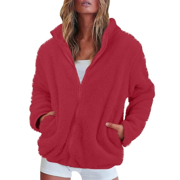 GrmtClth Winter Fleece Jacket Women Trendy Comfort Long Sleeve Zip Up Coat Jackets Winter Fall Thermal Stand Collar Tops Hot Pink M