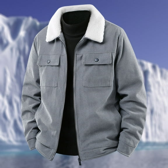 GrmtClth Winter Jacket Men Vintage Fleece Sherpa Lined Corduroy Jacket Fashion Turn-Down Collar Full Zip Thick Thermal Trucker Jackets Gray XXXL