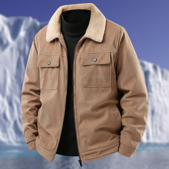 GrmtClth Winter Jacket Men Vintage Sherpa Lined Corduroy Jacket Outdoor lapel Collar Zip Up Thick Thermal Trucker Jacket Khaki XL