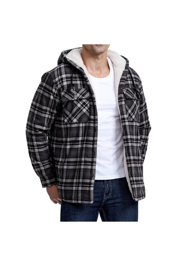 Winter Jackets for Men Plaid Fleece Sherpa Lined Hooded Insulated Jackets Coats Button Down Midweight Warm Outerwear Big & Tall Outdoor Long Sleeve Jacket Gray XXL